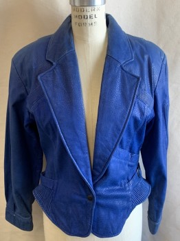Womens, Jacket, OUT OF BOUNDS, Royal Blue, Leather, Solid, M, C.A., Notched Lapel, Padded Shoulder, 1 Left Front Pckt, 1 Snap Closure, L/S, Side Belts, Side Pleating & On Left Arm,