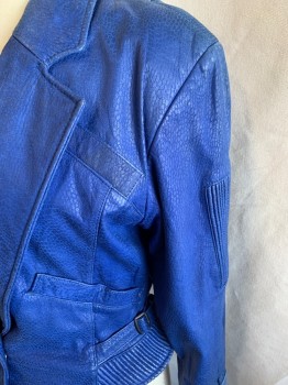 Womens, Jacket, OUT OF BOUNDS, Royal Blue, Leather, Solid, M, C.A., Notched Lapel, Padded Shoulder, 1 Left Front Pckt, 1 Snap Closure, L/S, Side Belts, Side Pleating & On Left Arm,