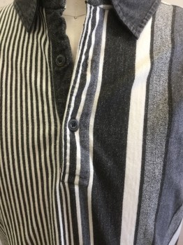 Mens, Polo Shirt, CZ BASICS, Black, White, Gray, Cotton, Stripes - Vertical , C:40, L, C.A. S/S, 3 Buttons, Multiples,