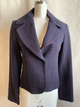 A. PRIME, Navy Blue, Brown, Wool, Grid , Navy with Brown Boucle Grid, Single Breasted, 2 Snap Front, Collar Attached, Notched Lapel, Long Sleeves