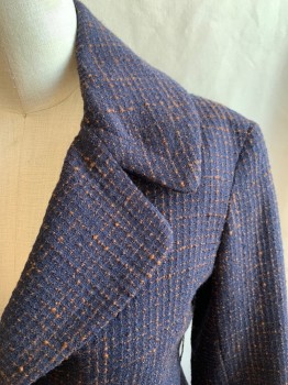 Womens, Suit, Jacket, A. PRIME, Navy Blue, Brown, Wool, Grid , W 28, B 32, Navy with Brown Boucle Grid, Single Breasted, 2 Snap Front, Collar Attached, Notched Lapel, Long Sleeves
