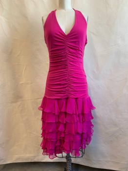 BCBG, Magenta Pink, Synthetic, Solid, V-neck, Self Tie Halter, Sleeveless, Ruched Center Front & Center Back, Tiered Ruffle Asymmetric Skirt