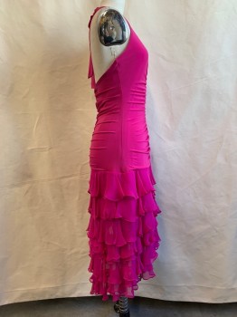 BCBG, Magenta Pink, Synthetic, Solid, V-neck, Self Tie Halter, Sleeveless, Ruched Center Front & Center Back, Tiered Ruffle Asymmetric Skirt