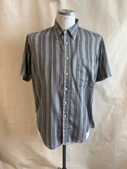 Mens, Shirt, UNITED, Gray, Black, French Blue, Poly/Cotton, Stripes, L, C.A., Button Front, S/S, 1 Pocket