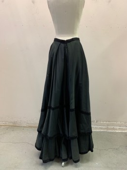 NL, Black, Wool, Solid, 2 Tiered Floor Length, Slight Green Cast,3 Velvet Bands on Bottom and One at Waist Small Fray Hole Top right Front Panel and at Front Bottom,light Stain ,See Photo