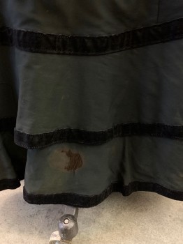 NL, Black, Wool, Solid, 2 Tiered Floor Length, Slight Green Cast,3 Velvet Bands on Bottom and One at Waist Small Fray Hole Top right Front Panel and at Front Bottom,light Stain ,See Photo