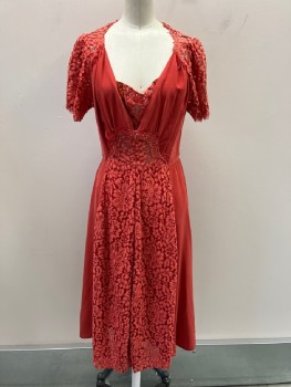 N/L, Rust Orange, Silk, Floral, Lace,Cap Sleeve,  With CF, CB V-N, Insert,  Zip Front,