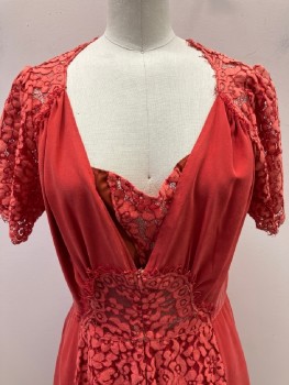 N/L, Rust Orange, Silk, Floral, Lace,Cap Sleeve,  With CF, CB V-N, Insert,  Zip Front,