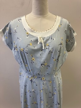 Womens, Dress, N/L, Lt Blue, Cotton, Floral, W38, B44, Scoop Neck, White Texture Trim & With Scallopped Edge, Front Bow & Rhinestones S/S, Yellow/Black/White Floral, CB Pleats Side Zipper
