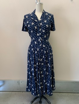 EURO FASHIONS, Dk Blue, White, Viscose, Floral, C.A., V-N, Button Front, S/S, Slight Dropped Waist, Ties Triple, Waist, Pleated Skirt
