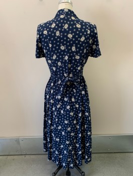 EURO FASHIONS, Dk Blue, White, Viscose, Floral, C.A., V-N, Button Front, S/S, Slight Dropped Waist, Ties Triple, Waist, Pleated Skirt