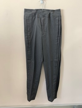 ANDRE DE LEURE, Black, Gray, Polyester, Rayon, Stripes, Double Pleats, High Waisted, Button Tabs, 2 Pockets, Pleats At Back
