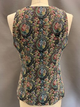 Womens, Vest, N/L, Green, Rust Orange, Black, Plum Purple, Yellow, Polyester, Cotton, Floral, W:30, B:34, Tapestry Fabric, CF Buckle With Velcro Patch