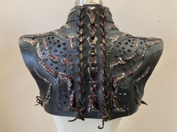 Mens, Sci-Fi/Fantasy Armour, N/L, Black, Silver, Iridescent Red, Leather, Plastic, 38, Chest/Shoulder Plate, Molded Black Leather with Iridescent Plastic Abstract Shapes, 2 Curved Feather Shaped Pieces in Front, Stand Collar, Lace Up in Back and at Sides, Made To Order, **Detachable Panel in Back