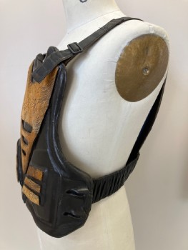 Mens, Breastplate, NO LABEL, Black, Caramel Brown, Plastic, Patent Leather, Abstract , OS, Adjustable Should Straps, Animal Fur Patches With Round And Linear Pattern, Elastic Side Bands With Velcro Closure, Made To Order