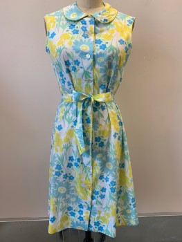 TANNER, Baby Blue, Yellow, Lime Green, White, Polyester, Cotton, Floral, Sleeveless, B.F., C.A., Yellow Piping, With Matching Waist Tie
