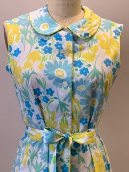 TANNER, Baby Blue, Yellow, Lime Green, White, Polyester, Cotton, Floral, Sleeveless, B.F., C.A., Yellow Piping, With Matching Waist Tie