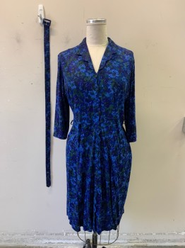 Womens, 1950s Vintage, Belt, N/L, Midnight Blue, Purple, Cotton, Rayon, Floral, Belt Goes with Matching Dress, Square Jersey Buckle