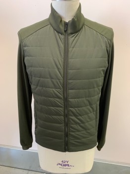 Mens, Casual Jacket, ZARA, Olive Green, Polyester, L, Mock Neck, Quilted Chest, 2 Pockets Zip Front,