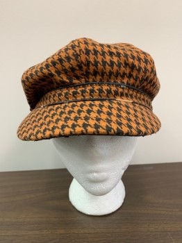 Womens, Hat , NO LABEL, Orange, Black, Wool, Polyester, Houndstooth, OS, Newsboy Hat, Front Bill, Aged Leather Trim