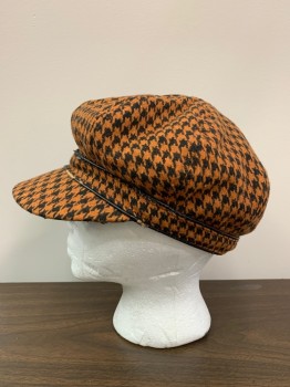 Womens, Hat , NO LABEL, Orange, Black, Wool, Polyester, Houndstooth, OS, Newsboy Hat, Front Bill, Aged Leather Trim