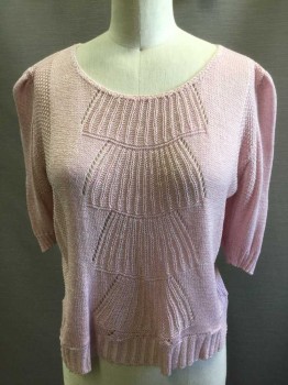 Womens, Sweater, N/L, Pink, Acrylic, Solid, S, Short Sleeve Sweater, Scoop Neck, Multiple Types of Knits, Center Front and Center Back Knits Resemble Faux Ruffles, Ribbed Knit Cuff/Waistband