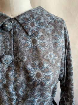 N/L, Teal Blue, Brown, Lt Gray, Cotton, Floral, Geometric, Teal Blue, Brown, Light Gray Floral/Geometric Pattern, Collar Attached, Side Zipper, Long Sleeves, Cuffs with 1 Button, 2 Buttons with White Stone *Second Button is Missing Stone*