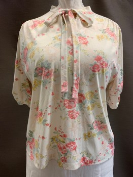 Womens, Blouse, NO LABEL, Cream, Lt Pink, Sage Green, Yellow, Polyester, Floral, B44, Mid Sleeves, V Neck, With Neck Tie