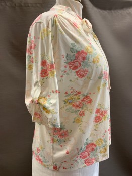 NO LABEL, Cream, Lt Pink, Sage Green, Yellow, Polyester, Floral, Mid Sleeves, V Neck, With Neck Tie