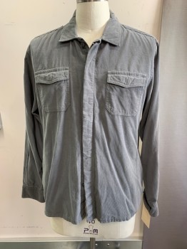 Mens, Casual Shirt, STRUCTURE, Gray, Cotton, Solid, L, Pinwale Corduroy, L/S, Concealed Button Front, Stitched Down Epaulets 2 Button Flap Pocket, 2 Side Hip Pockets