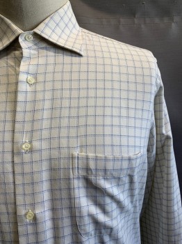 Mens, Casual Shirt, MEDICI, Cream, Blue, Navy Blue, Cotton, Grid , 36-37, 17.5, L/S, Button Front, Collar Attached, Chest Pocket