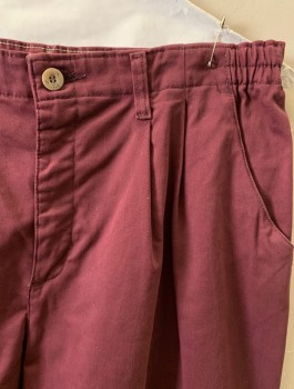 Womens, Casual Pants, LEE, Red Burgundy, Cotton, Solid, 14, Pleated Front, Elastic Waistband, 2 Pockets,