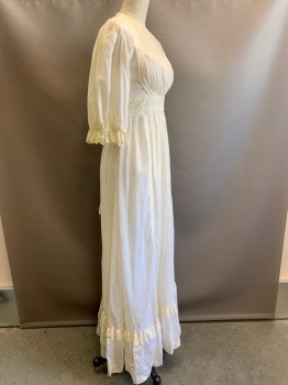 Womens, Evening Gown, Gunne Sax , Cream, Cotton, Polyester, Floral, Stripes, W26, B30, Long Puff Sleeves with Lace Trim, Queen Anne Neck, Lace Trim on Neckline, Lace Waist Belt  with Back Tie, Pleated Skirt with Center Lace, Back Zipper,