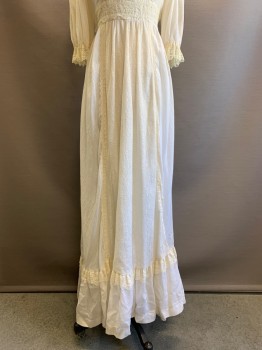 Womens, Evening Gown, Gunne Sax , Cream, Cotton, Polyester, Floral, Stripes, W26, B30, Long Puff Sleeves with Lace Trim, Queen Anne Neck, Lace Trim on Neckline, Lace Waist Belt  with Back Tie, Pleated Skirt with Center Lace, Back Zipper,