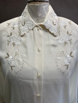 Womens, Blouse, ROBERTO PAULINI, Off White, Polyester, Solid, B42, 14, L/S, Button Front, Collar Attached, Embroiderred Flower Detail