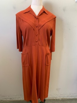 N/L, Rust Orange, Rayon, Solid, 3/4 Sleeve, Button Front Placket, Collar Attached, 2 Patch Pockets, Cheveron Pleat Yoke, Full Length