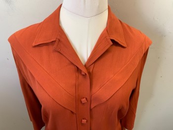 N/L, Rust Orange, Rayon, Solid, 3/4 Sleeve, Button Front Placket, Collar Attached, 2 Patch Pockets, Cheveron Pleat Yoke, Full Length