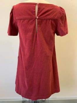 NO LABEL, Red Burgundy, Cotton, Solid, S/S, Corduroy Texture, Wide V Neck, Top Pocket, Pleated Center, Back Buttons