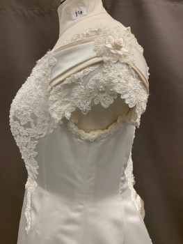 DAVID'S BRIDAL, White, Polyester, Sweetheart Neckline, Cap Lace Sleeves With Double Layer Straps, Beading & Floral Lace Appliqué Over Bodice & Through Out Skirt, Beige Panels On Back, A Line, Zip Back, *Dirty Hem