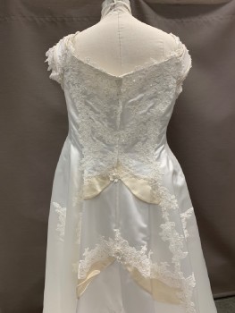 Womens, Wedding Gown, DAVID'S BRIDAL, White, Polyester, 22, Sweetheart Neckline, Cap Lace Sleeves With Double Layer Straps, Beading & Floral Lace Appliqué Over Bodice & Through Out Skirt, Beige Panels On Back, A Line, Zip Back, *Dirty Hem