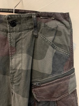 G. STAR RAW, Charcoal Gray, Cotton, Camouflage, F.F, 6+ Pockets, Faded Red Details *Aged/Distressed*
