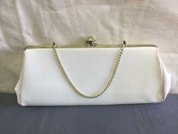 N/L, White, Gold, Vinyl, Metallic/Metal, Solid, Flat, Top Opening with Pinecone Like Clasp, Chain Handle
