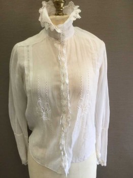 N/L, White, Cotton, Lace, Solid, Lightweight Cotton Batiste, Long Sleeve Button Front, Soft Stand Collar, Floral Embroidery and Open Threadwork, Crochet Lace Trim At Neck, Center Front and Cuffs,