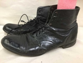 Mens, Boots 1890s-1910s, Stacy Adams, Black, Leather, Solid, 10D, Cap Toe, Lacing/Ties, Ankle High, Worn, Low Stack Heel,