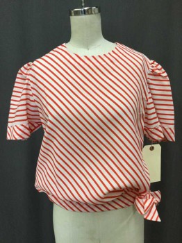 NO LABEL, Red, White, Cotton, Stripes - Diagonal , Short Sleeve,  Gathered Hem, Self Tie Waistband, 1/4 Center Back 3 Buttons, Gathered Shoulders