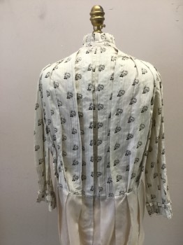 N/L, Cream, Black, Cotton, Nylon, Floral, Floral Cotton Blouse, Button Front, Pleated Collar Band., 3/4 Sleeves. Nylon Lower. Repairs at Back of Neck and Left Shoulder,