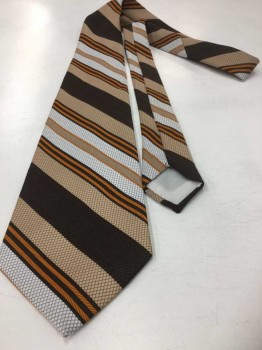 Mens, Tie, WEMBLON WEMBLEY, Tan Brown, Dk Brown, White, Orange, Polyester, Stripes - Diagonal , 4 In Hand, See Detail Photo