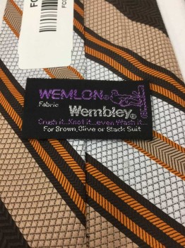 Mens, Tie, WEMBLON WEMBLEY, Tan Brown, Dk Brown, White, Orange, Polyester, Stripes - Diagonal , 4 In Hand, See Detail Photo