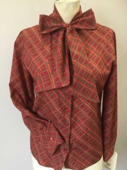 N/L, Dk Red, Orange, Olive Green, Amber Yellow, Polyester, Plaid, Stripes - Diagonal , Dark Red W/orange, Olive, Amber Diagonal Plaid, Collar Attached W/self Tie Neck, Button Front, Long Sleeves,