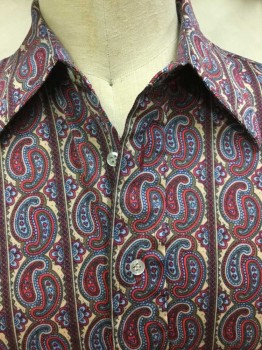 Mens, Dress Shirt, BERCELLI, Tan Brown, Dk Red, Slate Blue, Olive Green, Polyester, Paisley/Swirls, Stripes - Vertical , XL, Collar Attached, Button Front, Long Sleeves,
